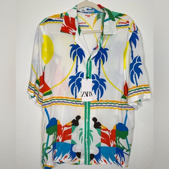 NEW Zara Mens Tropical Beach Print Short Sleeve Shirt - White / Multicolor - M - Picture 3 of 9